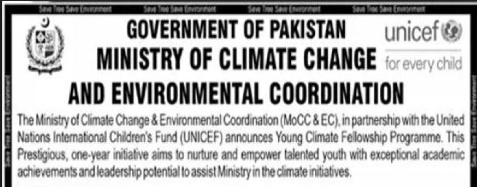 Young Climate Fellowship Programme 2025 – Ministry of Climate Change & Environmental Coordination (MoCC&EC) in Collaboration with UNICEF